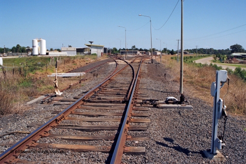 122-20
Sale station yard overview, looking from Bairnsdale end of yard, station in middle background on right, points, lever and interlocking.
