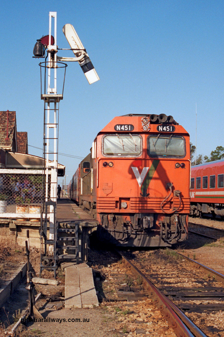 123-1-09
Bairnsdale station, V/Line broad gauge N class N 451 'City of Portland' Clyde Engineering EMD model JT22HC-2 serial 85-1219 up passenger train, signal post.
Keywords: N-class;N451;Clyde-Engineering-Somerton-Victoria;EMD;JT22HC-2;85-1219;