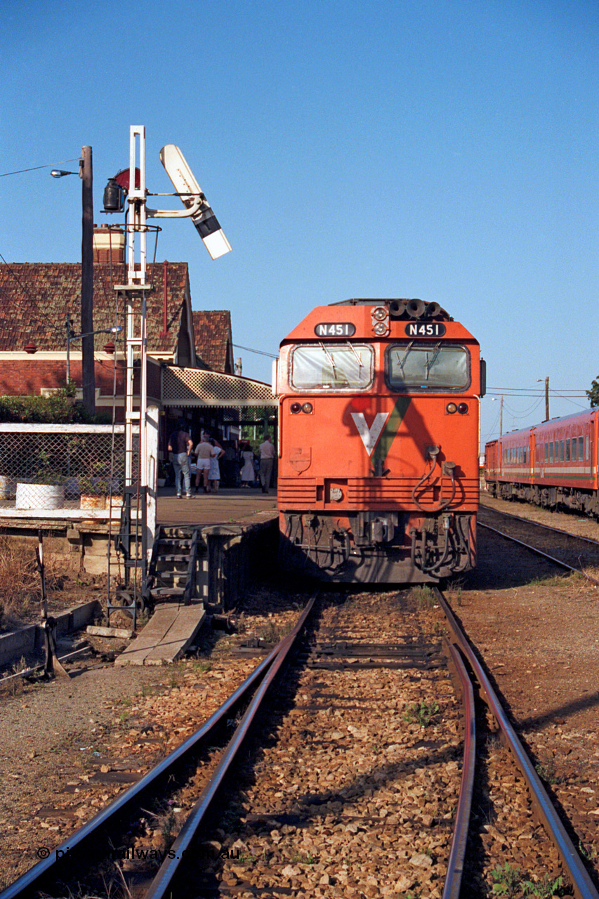 123-1-11
Bairnsdale station, V/Line broad gauge N class leader N 451 'City of Portland' Clyde Engineering EMD model JT22HC-2 serial 85-1219 up passenger train, signal post.
Keywords: N-class;N451;Clyde-Engineering-Somerton-Victoria;EMD;JT22HC-2;85-1219;