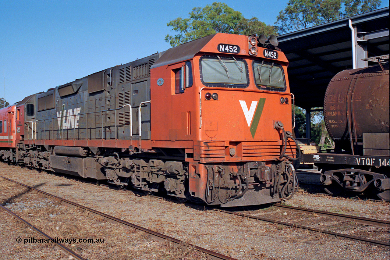 123-1-12
Bairnsdale V/Line broad gauge loco N class N 452 'Rural City of Wodonga' Clyde Engineering EMD model JT22HC-2 serial 85-1220.
Keywords: N-class;N452;Clyde-Engineering-Somerton-Victoria;EMD;JT22HC-2;85-1220;