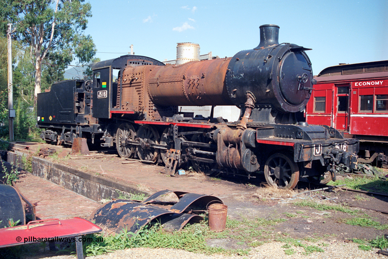 123-1-23
Healesville former Victorian Railways broad gauge J class J 516 serial 6062, built by Vulcan Foundry, Newton-le-Willows in Lancashire England, coal burning Consolidation model 2-8-0 steam locomotive.
Keywords: J-class;J516;Vulcan-Foundry;6062;Consolidation;2-8-0;