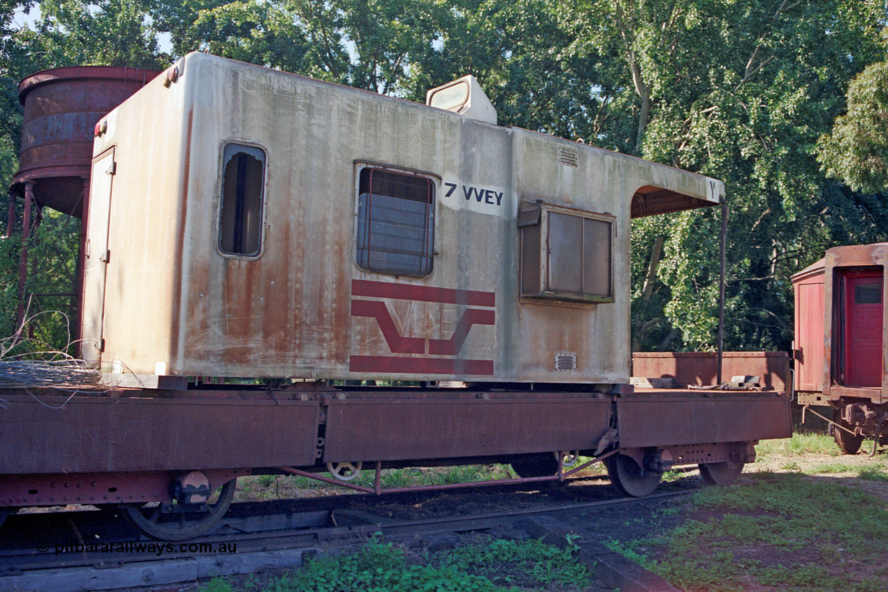 123-1-25
Healesville ex Victorian Railways VVEY class guards van cabin VVEY 7 made of fibreglass, Victorian Railways Newport Workshops built ten of these in 1981-82, sitting on an QN class bogie ballast waggon.
Keywords: VVEY-van;VVEY7;Victorian-Railways-Newport-WS;ZMF-van;