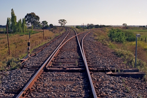 123-1-08
Stratford Junction, track view, line to the left is the Sale line and to the right is the Maffra line, points and lever with rodding for derail, 220.250 km post.
