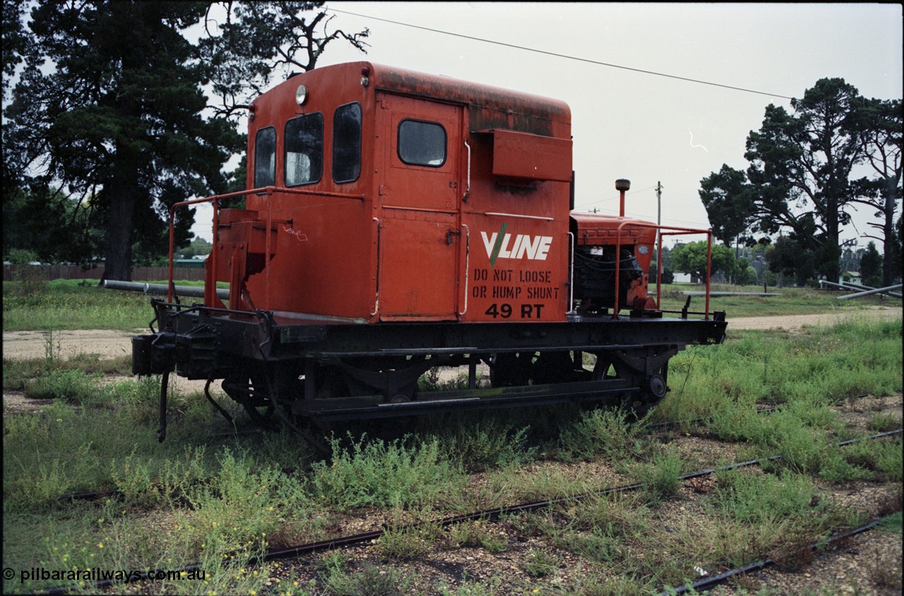 123-2-04
Maffra, broad gauge V/Line RT class rail tractor RT 49, has a very long rest between tasks out here! RT 49 started out as I waggon 7507 built by Victorian Railways 21-02-1905, converted to IA in 1936, then K 85 in April 1955 and in 1969 to the underframe of RT 49 by Ballarat North Workshops.
Keywords: RT-class;RT49;I-type;IA-type;I7507;IA7507;K-type;K85;