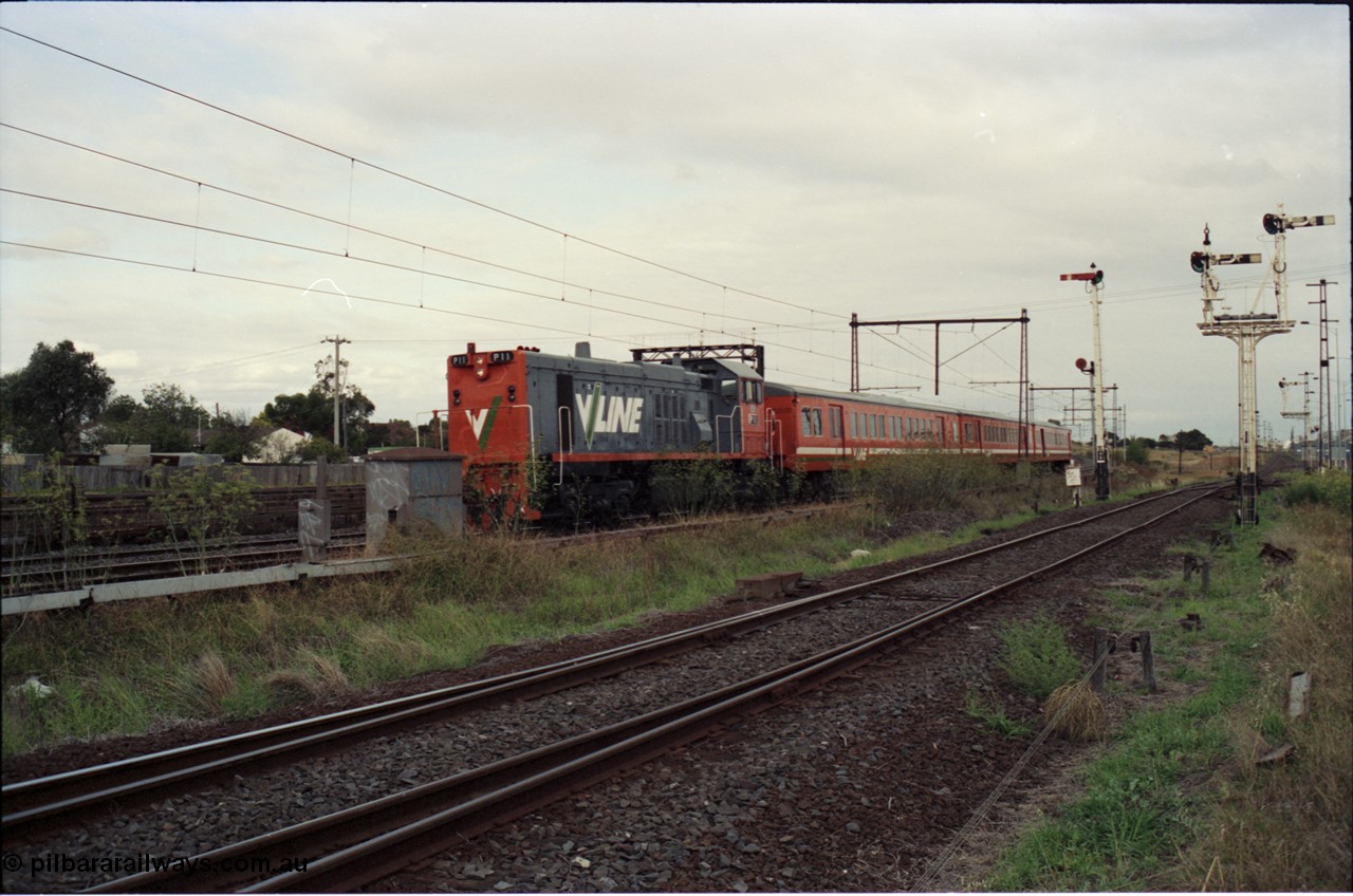 123-2-15
Sunshine V/Line broad gauge P class P 11 Clyde Engineering EMD model G18HBR serial 84-1205 rebuilt from First Series T class T 336 Clyde Engineering EMD model G8B serial 56-110, H set, down pass.
Keywords: P-class;P13;Clyde-Engineering-Somerton-Victoria;EMD;G18HBR;84-1205;rebuild;