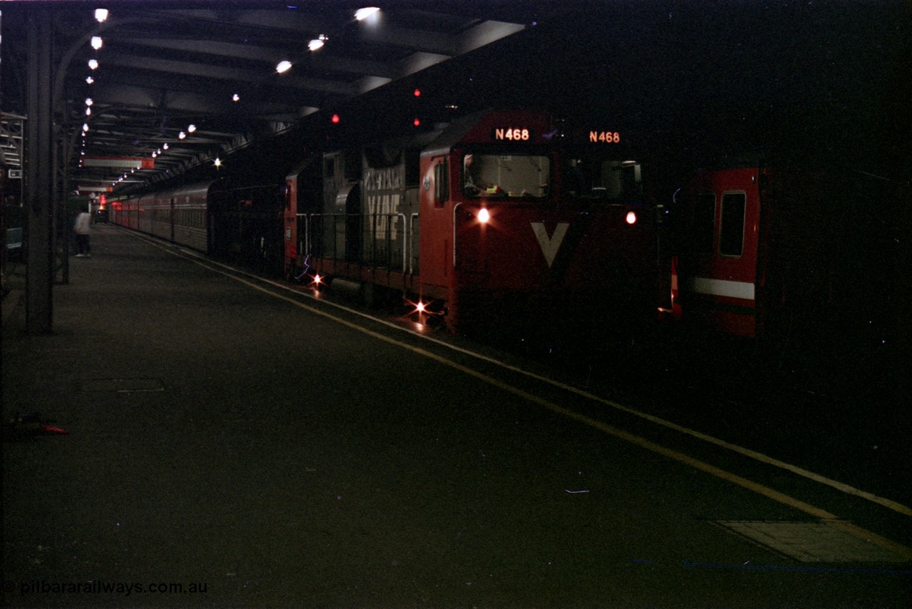 123-2-33
Spencer Street Station Platform 2, V/Line broad gauge N class N 468 'City of Bairnsdale' a Clyde Engineering EMD model JT22HC-2 serial 86-1197 on the head of the west bound down Overland passenger service to Adelaide, night shot.
Keywords: N-class;N468;Clyde-Engineering-Somerton-Victoria;EMD;JT22HC-2;86-1197;