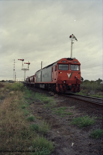 123-2-22
Sunshine track view, Newport - Sunshine Loop Line, looking towards Sunshine, double doll semaphore signal posts 36 and pulled off semaphore signal post 49 sort of frame V/Line broad gauge G class G 543, the last member of the class, Clyde Engineering EMD model JT26C-2SS serial 89-1276 with loaded up Apex quarry train bound for Brooklyn.
Keywords: G-class;G543;Clyde-Engineering-Somerton-Victoria;EMD;JT26C-2SS;89-1276;