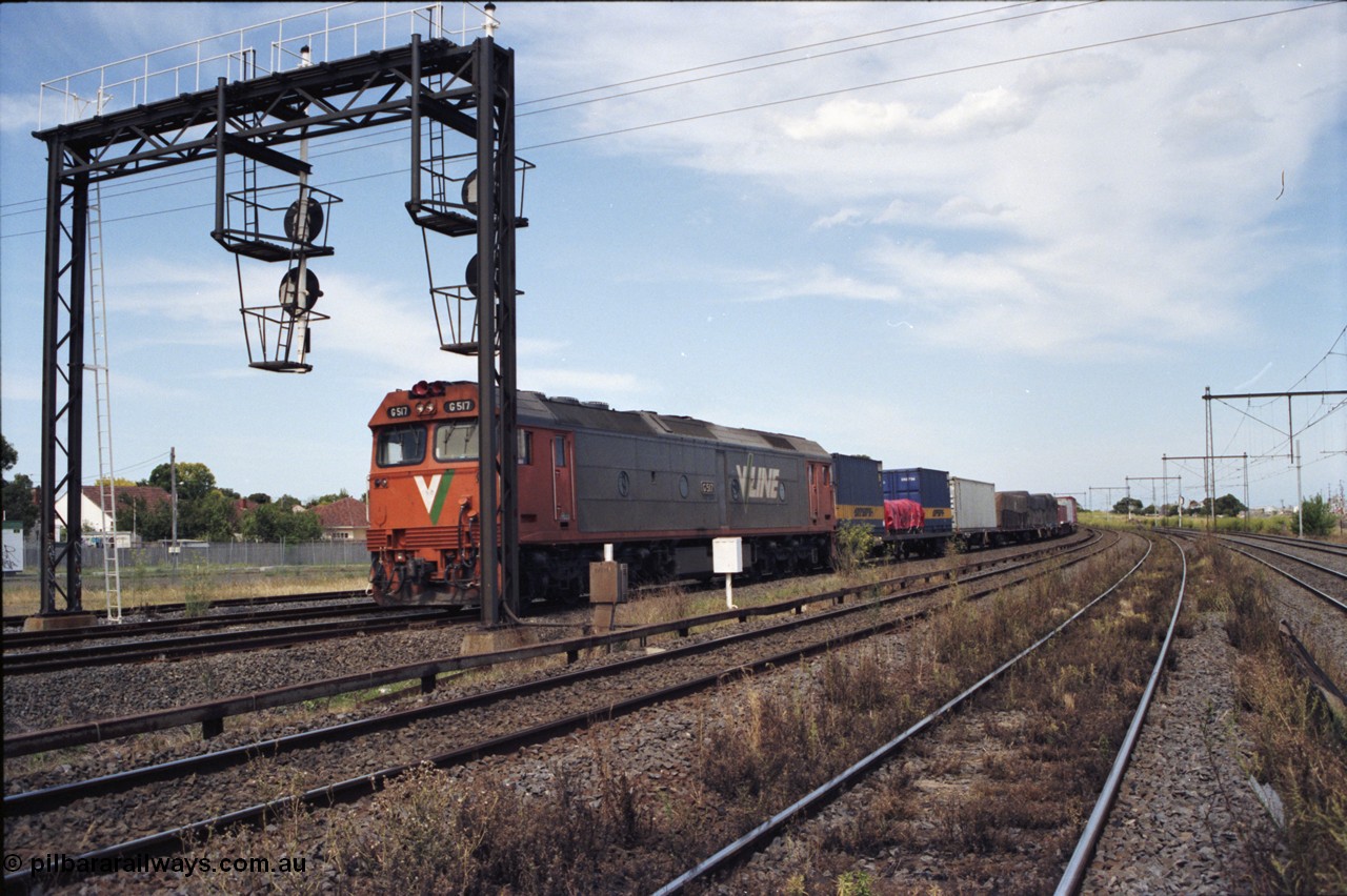 124-01
Sunshine Loop down standard gauge goods train with V/Line G class G 517 Clyde Engineering EMD model JT26C-2SS serial 85-1230, searchlight signal gantry, taken from broad gauge Independent Through Goods Lines, broad gauge passenger lines behind.
Keywords: G-class;G517;Clyde-Engineering-Rosewater-SA;EMD;JT26C-2SS;85-1230;