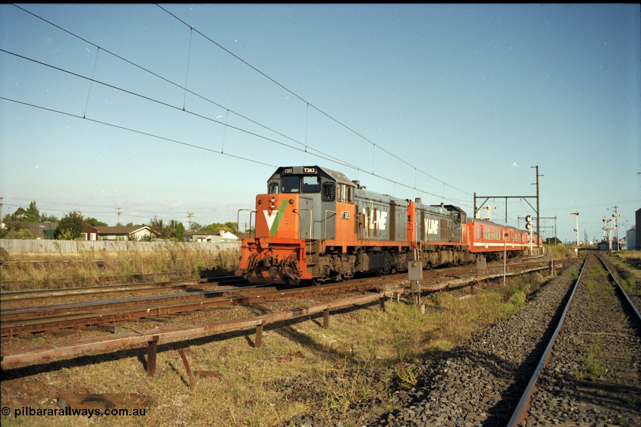 124-07
Sunshine V/Line broad gauge down passenger being lead by T class T 383 Clyde Engineering EMD model G8B serial 64-338 and failed P class P 20 Clyde Engineering EMD model G18HBR serial 84-1213 rebuilt from T 337 Clyde Engineering EMD model G8B serial 56-112, P class supplying HEP only and H set.
Keywords: T-class;T383;Clyde-Engineering-Granville-NSW;EMD;G8B;64-338;