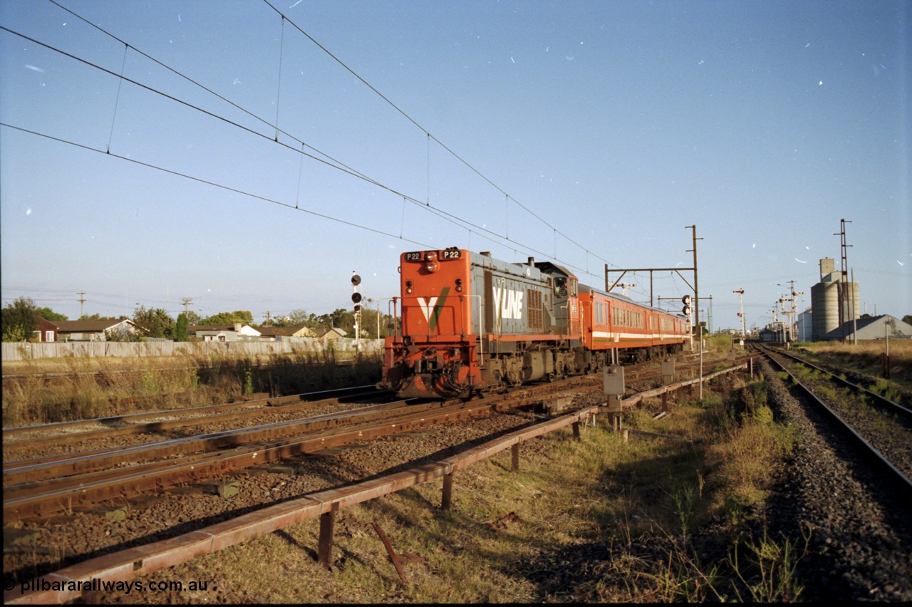 124-11
Sunshine V/Line broad gauge down passenger train with P class P 22 Clyde Engineering EMD model G18HBR serial 84-1215 rebuilt from T 328 Clyde Engineering EMD model G8B serial 56-80 and H set, track view of Newport Loop Line and GEB sidings on the right
Keywords: P-class;P22;Clyde-Engineering-Somerton-Victoria;EMD;G18HBR;84-1215;rebuild;