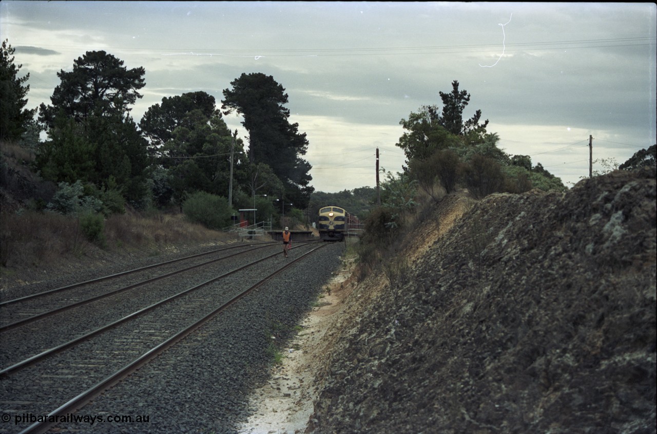 125-18
Heathcote Junction, V/Line broad gauge B class Clyde Engineering EMD model ML2 serial ML2-6 still in Victorian Railways livery leads a sleeper discharge train on the up broad gauge line, ganger walking track.
Keywords: B-class;B65;Clyde-Engineering-Granville-NSW;EMD;ML2;ML2-6;bulldog;