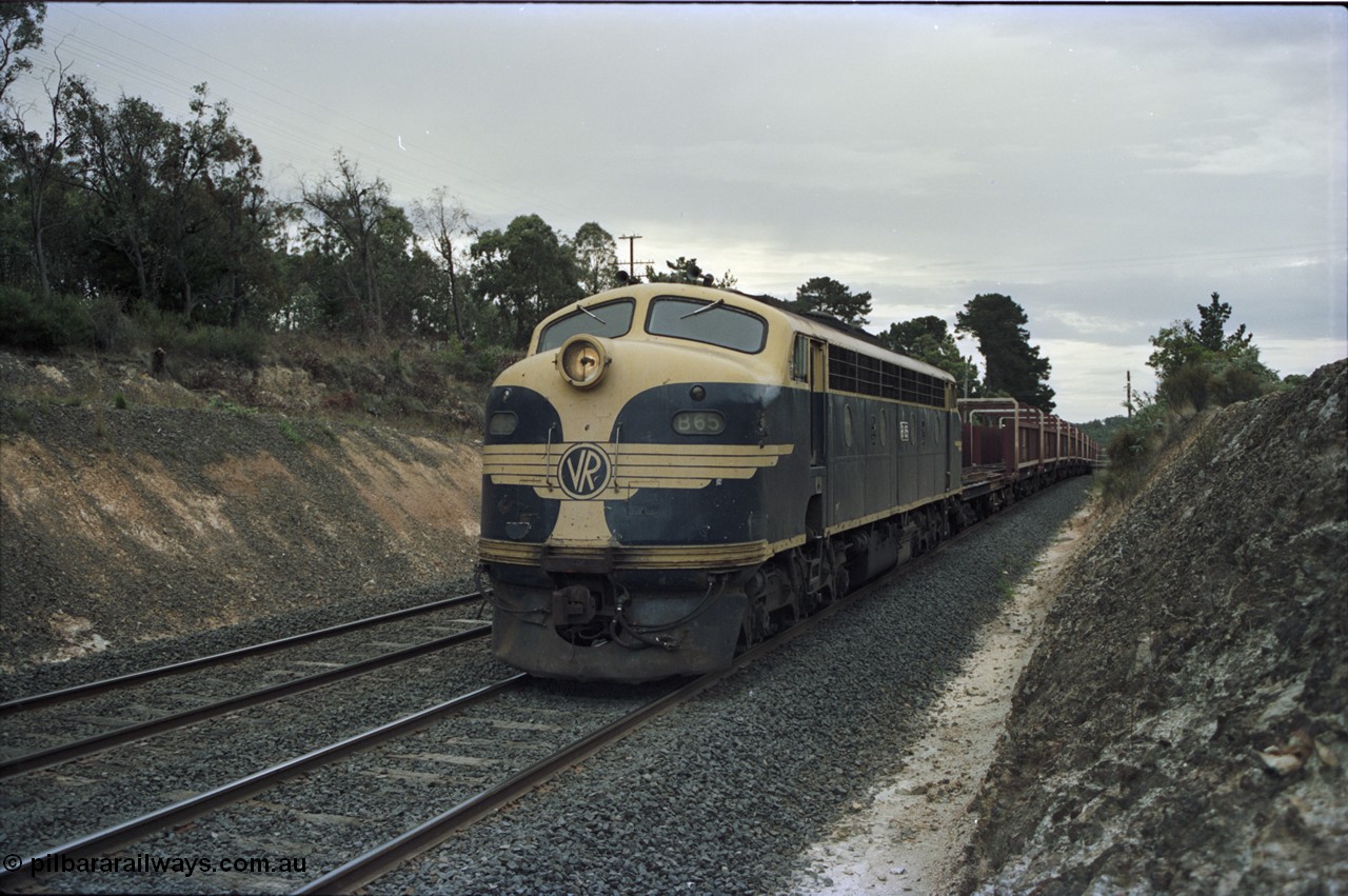 125-20
Heathcote Junction, V/Line broad gauge B class Clyde Engineering EMD model ML2 serial ML2-6 still in Victorian Railways livery leads a sleeper discharge train on the up broad gauge line, topping the grade.
Keywords: B-class;B65;Clyde-Engineering-Granville-NSW;EMD;ML2;ML2-6;bulldog;