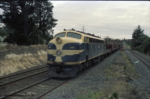 125-16
Wandong passing under Kilmore - Wandong Rd, V/Line broad gauge B class Clyde Engineering EMD model ML2 serial ML2-6 still in Victorian Railways livery leads a sleeper discharge train on the up broad gauge line, discharging sleepers.
Keywords: B-class;B65;Clyde-Engineering-Granville-NSW;EMD;ML2;ML2-6;bulldog;