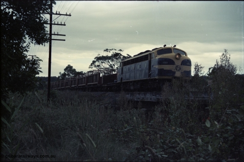 125-24
Wallan across Merri Creek, V/Line broad gauge B class Clyde Engineering EMD model ML2 serial ML2-6 still in Victorian Railways livery leads a sleeper discharge train on the up broad gauge line.
Keywords: B-class;B65;Clyde-Engineering-Granville-NSW;EMD;ML2;ML2-6;bulldog;