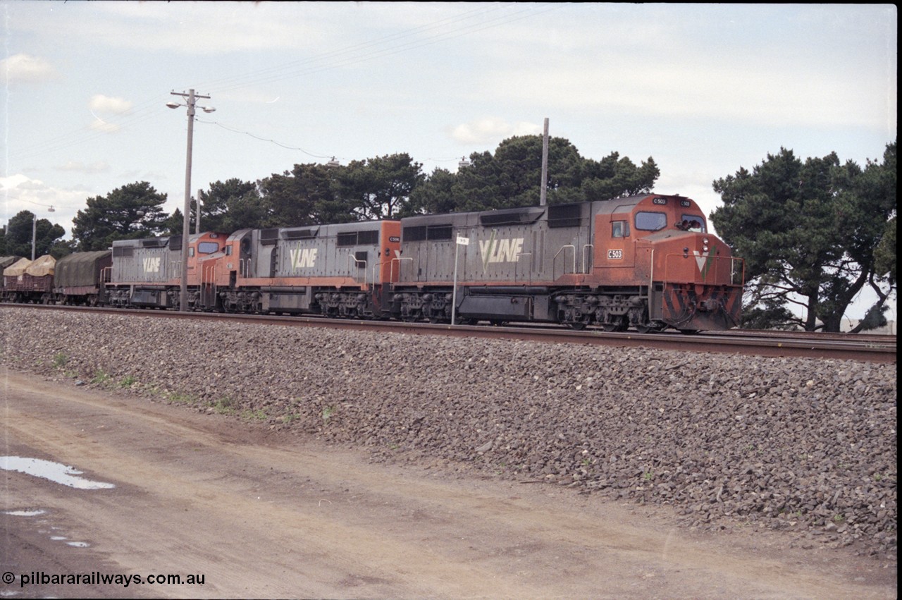 126-09
Tottenham broad gauge train 9169 down goods to Adelaide via Cressy, brake testing at Tottenham , V/Line C classes C 503 Clyde Engineering EMD model GT26C serial 76-826, C 506 serial 76-829 and C 501 'George Brown' serial 76-824.
Keywords: C-class;C501;Clyde-Engineering-Rosewater-SA;EMD;GT26C;76-824;C506;76-826;C503;76-829;