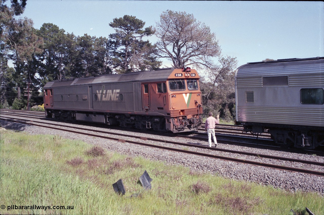 126-24
Broadford Loop, V/Line G class G 518 Clyde Engineering EMD model JT26C-2SS serial 85-1231, loco failure, up standard gauge pass Melbourne Express, loco shunting back onto train.
Keywords: G-class;G518;Clyde-Engineering-Rosewater-SA;EMD;JT26C-2SS;85-1231;