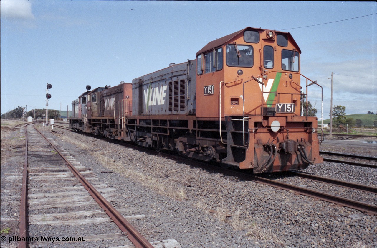 126-32
Wallan Loop, standard gauge rescue locos on the loop, V/Line Clyde Engineering EMD G6B model Y classes Y 151 serial 67-571 and Y 102 serial 63-292 and G18B T class T 411 serial 68-627, waiting to return to Melbourne.
Keywords: Y-class;Y151;Clyde-Engineering-Granville-NSW;EMD;G6B;67-571;