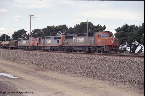 126-09
Tottenham broad gauge train 9169 down goods to Adelaide via Cressy, brake testing at Tottenham , V/Line C classes C 503 Clyde Engineering EMD model GT26C serial 76-826, C 506 serial 76-829 and C 501 'George Brown' serial 76-824.
Keywords: C-class;C501;Clyde-Engineering-Rosewater-SA;EMD;GT26C;76-824;C506;76-826;C503;76-829;