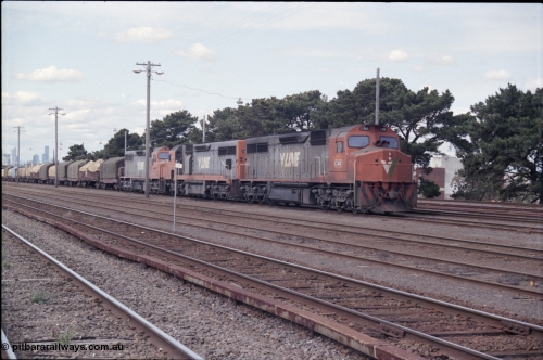 126-10
Tottenham broad gauge train 9169 down goods to Adelaide via Cressy, brake testing at Tottenham , V/Line C classes C 503 Clyde Engineering EMD model GT26C serial 76-826, C 506 serial 76-829 and C 501 'George Brown' serial 76-824.
Keywords: C-class;C501;Clyde-Engineering-Rosewater-SA;EMD;GT26C;76-824;C506;76-826;C503;76-829;