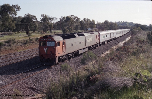 126-17
Broadford, near Smith's Lane, up standard gauge pass Melbourne Express, V/Line G class G 518 Clyde Engineering EMD model JT26C-2SS serial 85-1231, reversing to Broadford Loop, loco failure.
Keywords: G-class;G518;Clyde-Engineering-Rosewater-SA;EMD;JT26C-2SS;85-1231;
