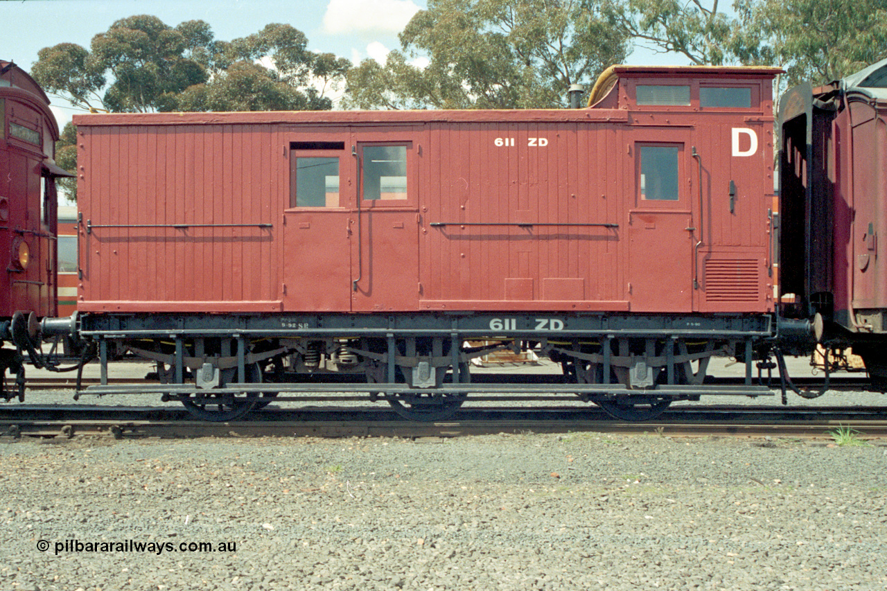 127-03
Seymour loco depot, ex Victorian Railways ZD class six wheel guards van ZD 611, side view.
Keywords: ZD-van;ZD611;Victorian-Railways-Newport-WS;Z-type;fixed-wheel-waggon;