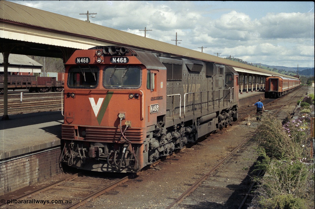 127-08
Albury, broad gauge passenger platform, V/Line N class N 468 'City of Bairnsdale' Clyde Engineering EMD model JT22HC-2 serial 86-1197, double N set, loco running round, crew signalling driver.
Keywords: N-class;N468;Clyde-Engineering-Somerton-Victoria;EMD;JT22HC-2;86-1197;