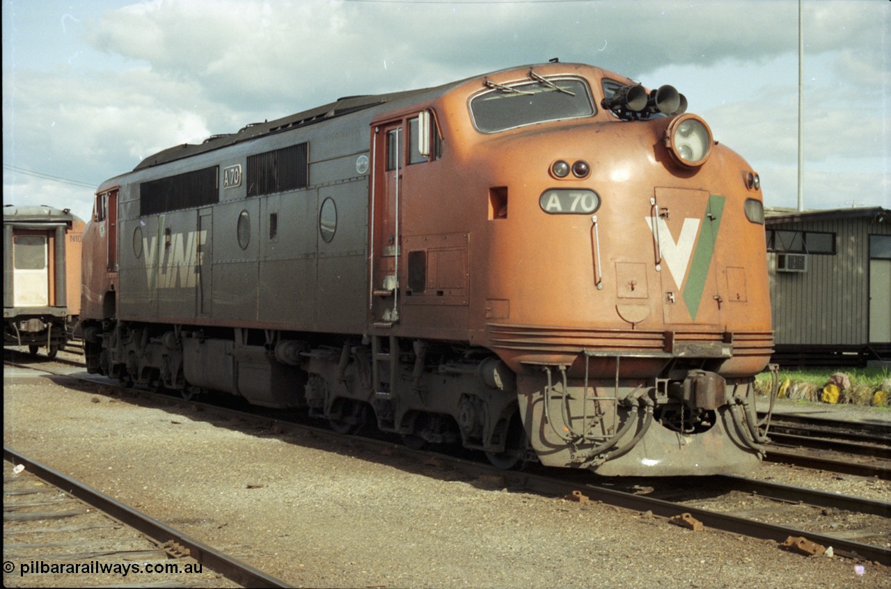 127-12
Wodonga yard broad gauge V/Line A class A 70 Clyde Engineering EMD model AAT22C-2R serial 84-1187 rebuilt from B 70 Clyde Engineering EMD model ML2 serial ML2-11, stabled near B Box, N set 10 behind it, 3/4 view.
Keywords: A-class;A70;Clyde-Engineering-Rosewater-SA;EMD;AAT22C-2R;84-1187;rebuild;bulldog;