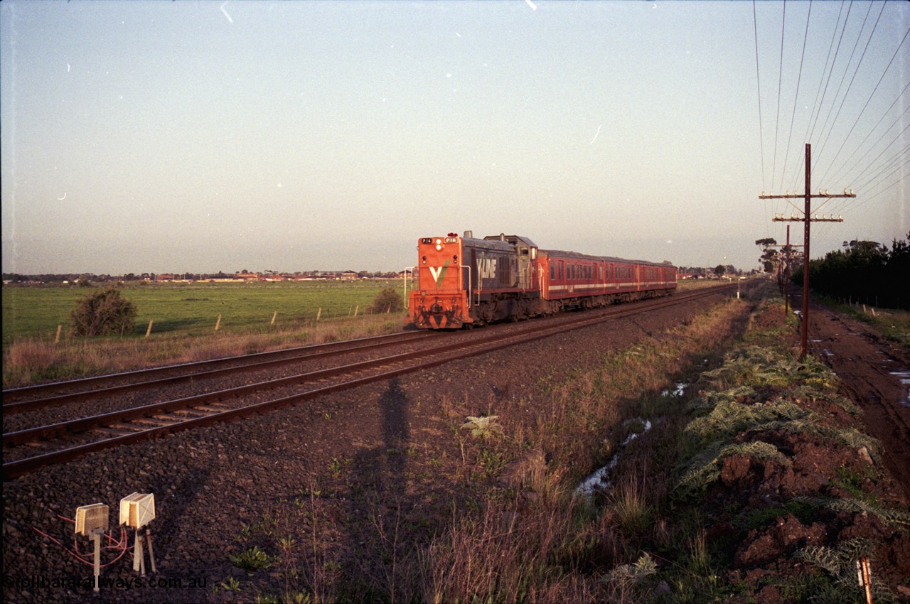 127-13
Deer Park West broad gauge V/Line P class P 14 Clyde Engineering EMD model G18HBR serial 84-1208 rebuilt from T 330 Clyde Engineering EMD model G8B serial 56-85 and H set, down afternoon Bacchus Marsh pass.
Keywords: P-class;P14;Clyde-Engineering-Somerton-Victoria;EMD;G18HBR;84-1208;rebuild;