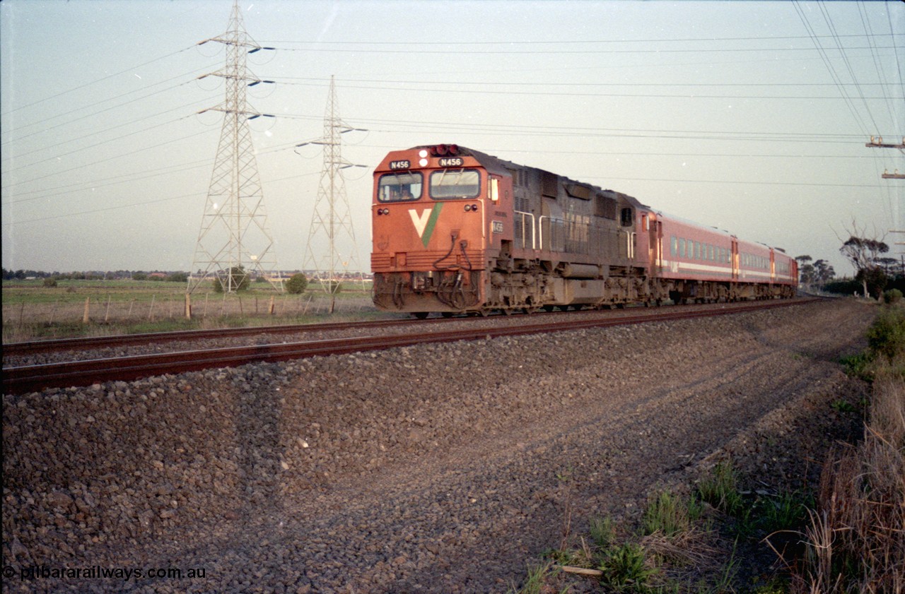 127-14
Deer Park West, V/Line N class loco N 456 'City of Colac' with serial 85-1224 a Clyde Engineering Somerton Victoria built EMD model JT22HC-2, N set and D van, down afternoon passenger train.
Keywords: N-class;N456;Clyde-Engineering-Somerton-Victoria;EMD;JT22HC-2;85-1224;