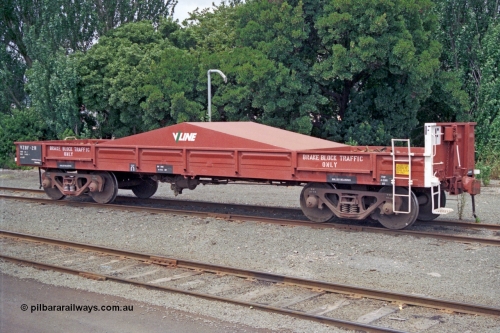 128-00
Ballarat yard, broad gauge V/Line VZBF type bogie brake block transport waggon VZBF 2, a 1990 conversion from what was originally an Victorian Railways BP type steel mail van BP 77 built in 1959 at Newport Workshops as part of a batch of eighty three. It went on to be recoded to BB 222 in December 1960, then BMF 2 in December 1961, BMX 2 in February 1968, recoded to VBAX in 1979, then in 1990 converted to the VZBF along with two other waggons as a group of three.
Keywords: VZBF-type;VZBF2;Victorian-Railways-Newport-WS;BP-type;BP77;BB-type;BB222;BMF-type;BMF2;BMX-type;BMX2;VBAX-type;VBAX2;
