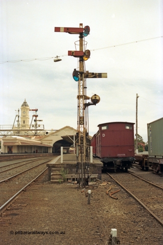 128-03
Ballarat station yard view, station platform, semaphore signal post 20, Z van in dock, looking towards station building, signal gantry and canopy.
