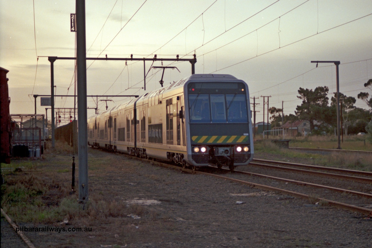 129-1-02
Nar Nar Goon, 4D (Double Deck Development and Demonstration), double deck suburban electric set, testing phase. The set was built by Goninan NSW in December 1991 as a 'Tangara' model.
Keywords: 4D;Double-Deck-Development-Demonstration-train;Goninan-NSW;Tangara;