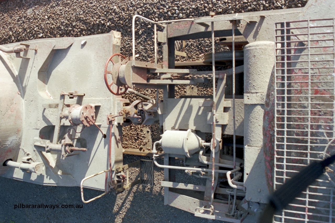 129-1-14
Lyndhurst, detail view of V/Line broad gauge VPCX type bogie cement waggons, hand brake and non hand brake ends of two waggons. Location is [url=https://goo.gl/maps/APmJrHjskZH4gvxa6]Geo Data[/url].
Keywords: VPCX-type;