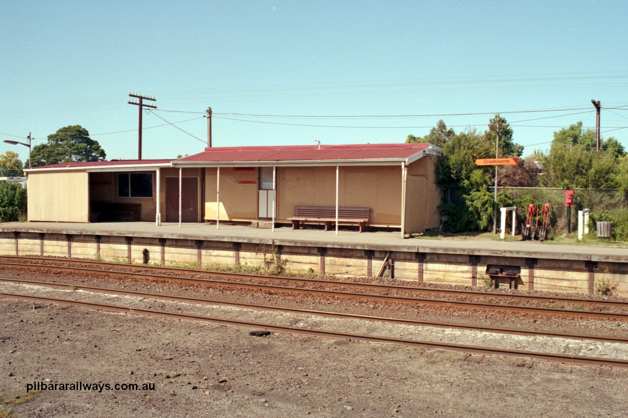 129-1-29
Cranbourne station building overview, and signal bay with signal levers, waiting shelter.
