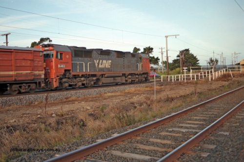 129-1-01
Nar Nar Goon, V/Line broad gauge N class N 453 'City of Albury' Clyde Engineering EMD model JT22HC-2 serial 85-1221, down passenger train, trailing view.
Keywords: N-class;N453;Clyde-Engineering-Somerton-Victoria;EMD;JT22HC-2;85-1221;