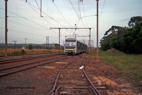 129-1-04
Nar Nar Goon - Tynong section, 4D (Double Deck Development and Demonstration), double deck suburban electric set, testing phase. The set was built by Goninan NSW in December 1991 as a 'Tangara' model.
Keywords: 4D;Double-Deck-Development-Demonstration-train;Goninan-NSW;Tangara;