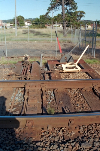 129-1-20
Baxter track view, interlocking, yard points, rodding, point and signal levers, points spiked normal.
