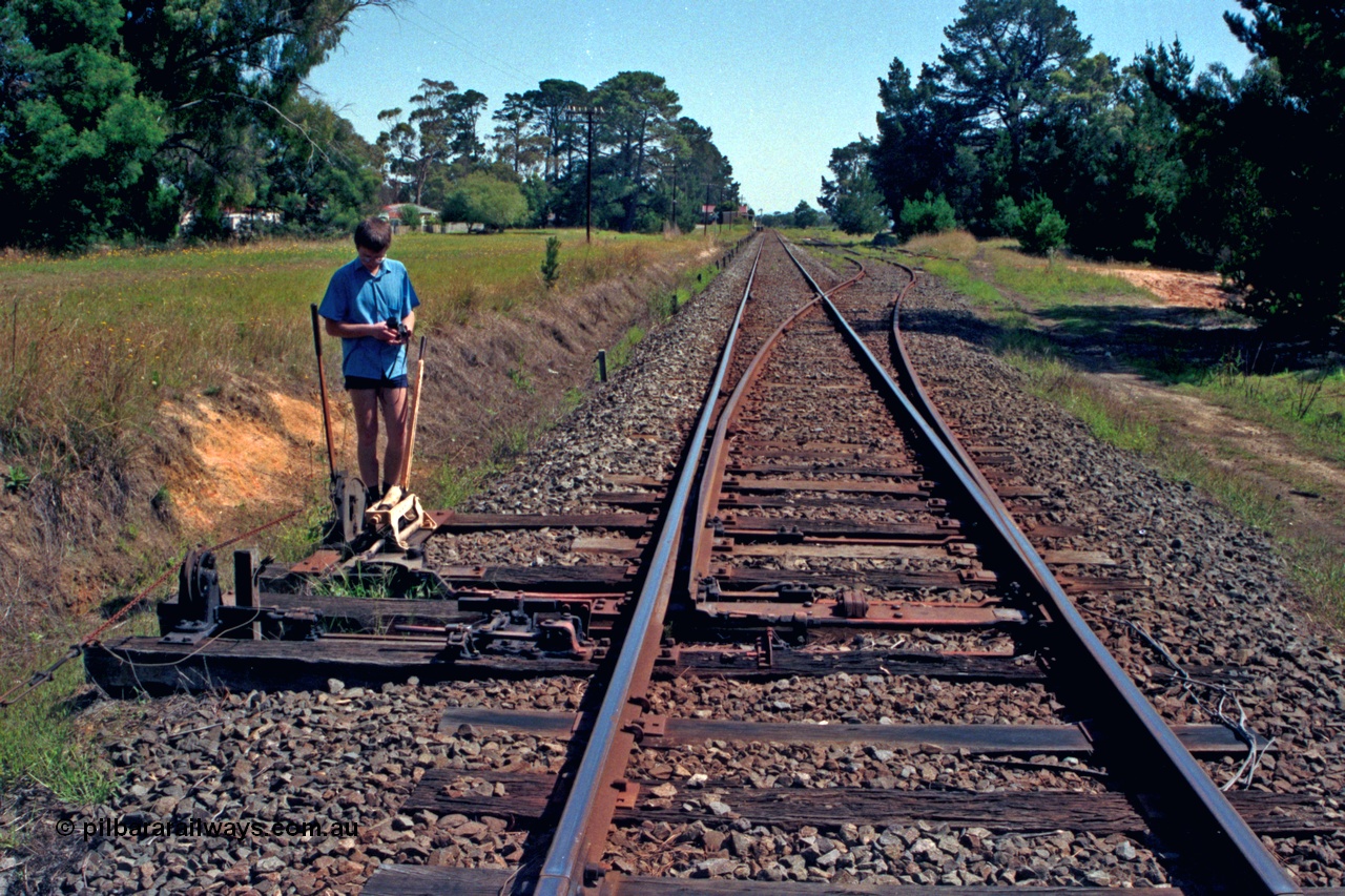 129-2-02
Lang Lang yard overview, looking up towards Melbourne from up end points, point and signal levers and interlocking.
