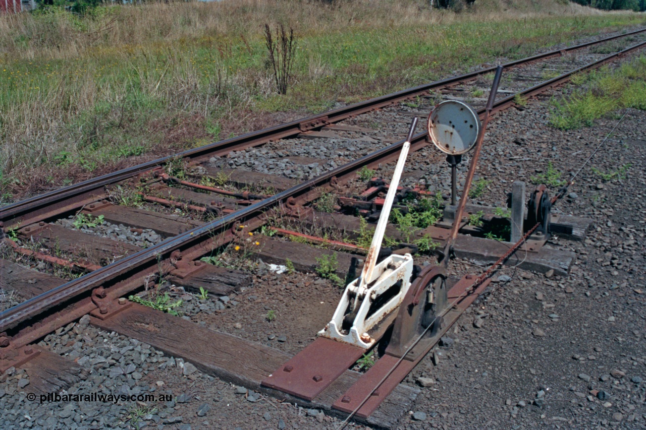 129-2-09
Nyora plunger locked 'C' points, Melbourne end of yard, point and signal levers with interlocking, large disc is the plunger indicator.
