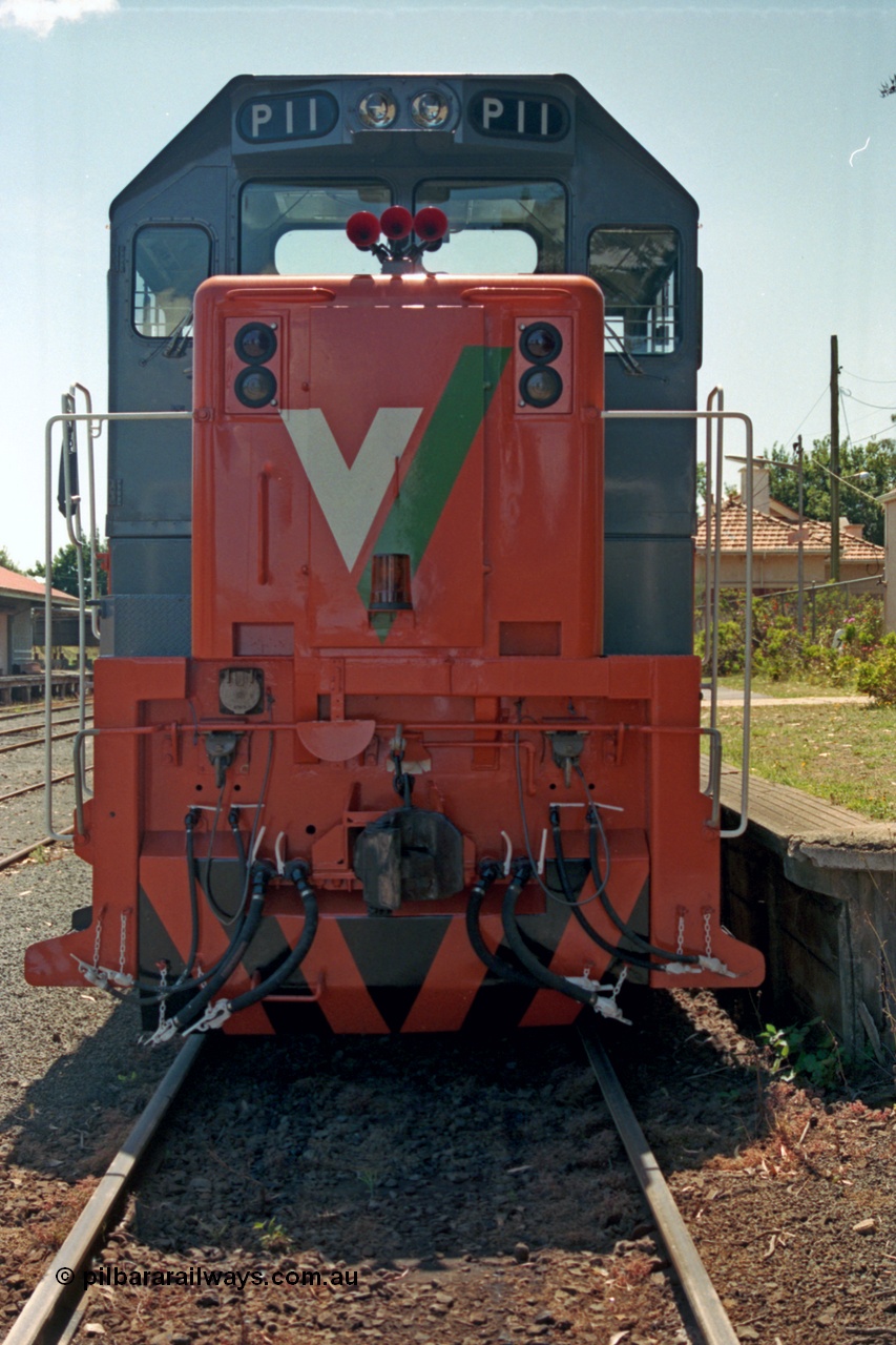 129-2-22
Leongatha, V/Line P class P 11 Clyde Engineering EMD model G18HBR serial 84-1205 rebuilt from T 336 Clyde Engineering EMD model G8B serial 56-110, looking very clean.
Keywords: P-class;P11;Clyde-Engineering-Somerton-Victoria;EMD;G18HBR;84-1205;rebuild;