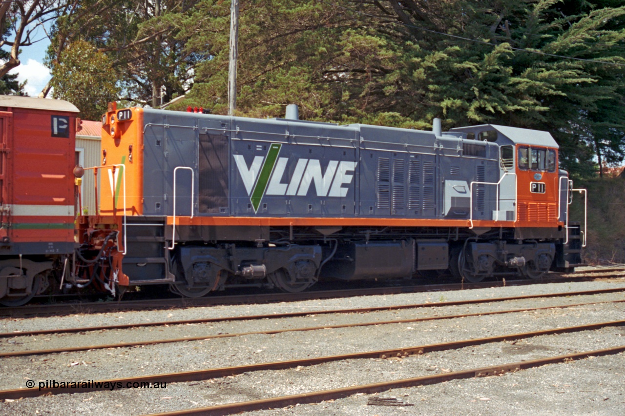 129-2-28
Leongatha V/Line P class P 11 Clyde Engineering EMD model G18HBR serial 84-1205 rebuilt from T 336 Clyde Engineering EMD model G8B serial 56-110, stabled pass.
Keywords: P-class;P11;Clyde-Engineering-Somerton-Victoria;EMD;G18HBR;84-1205;rebuild;