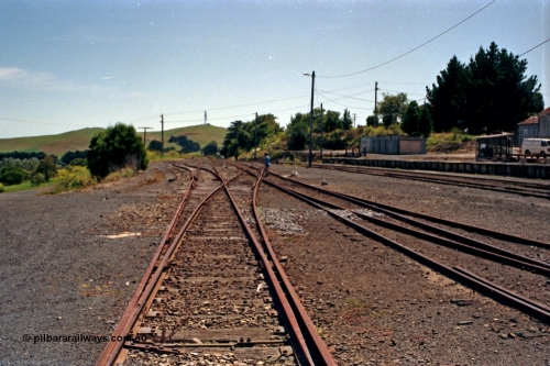 129-2-20
Korumburra yard overview, looking up direction towards Melbourne from the middle of the yard, tracks removed, points spiked reverse.
