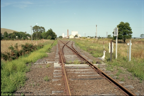 129-3-10
Toora yard overview, looking towards Yarram, staff locked points, lever, interlocking, goods shed.
