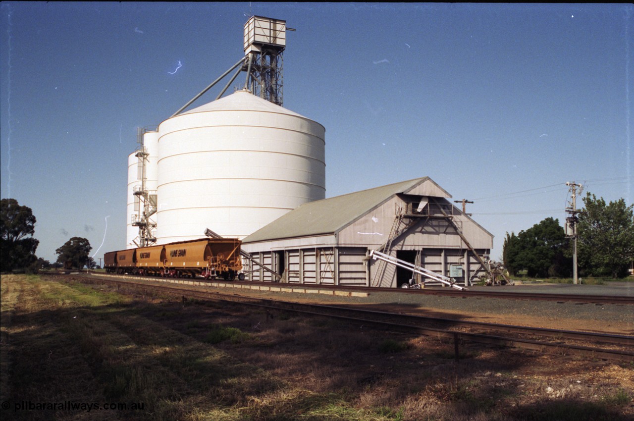 130-03
Elmore, silo complex, Ascom Jumbo silos 1 and 3 and Victorian Oat Pool shed 4, V/Line Grain bogie grain waggons, looking south.
