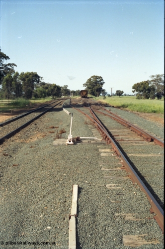 130-04
Elmore yard view, looking south, shows gravity roads for grain loading, grain waggon in distance, points and lever.
