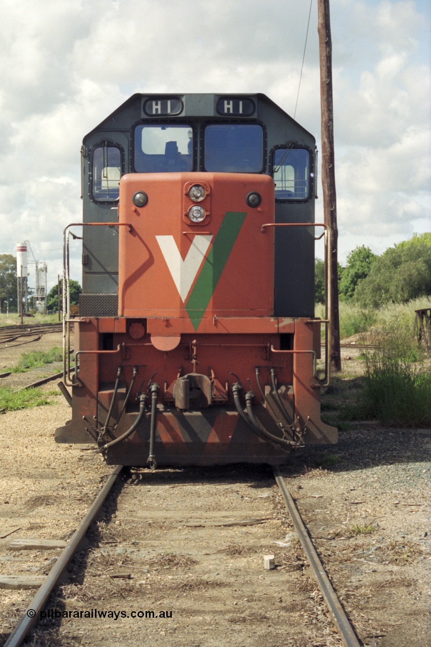 131-1-03
Echuca yard, broad gauge V/Line H class leader H 1 Clyde Engineering EMD model G18B serial 68-629.
Keywords: H-class;H1;Clyde-Engineering-Granville-NSW;EMD;G18B;68-629;