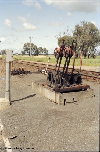 131-1-13
Barnes signal box, point and signal levers, interlocking, track view.
