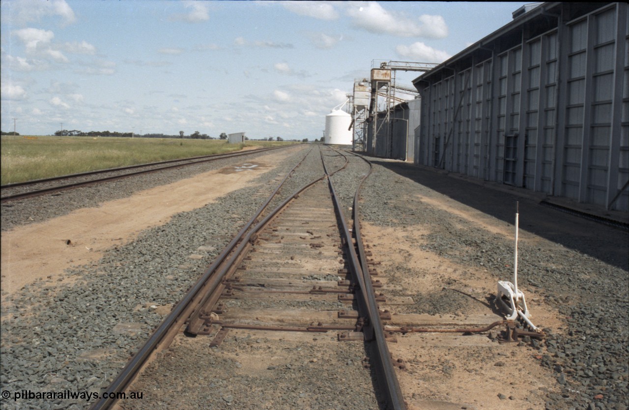 131-2-15
Caldwell track view, rice storage sheds, Ascom silo complex in the background, points and point lever, loading spouts.
