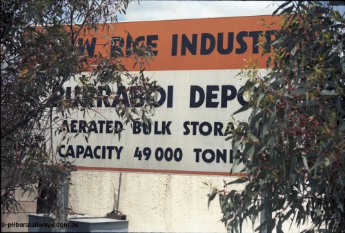 131-2-06
Burraboi NSW Rice Industry sign for Burraboi Depot, 49 kilotonne facility.
