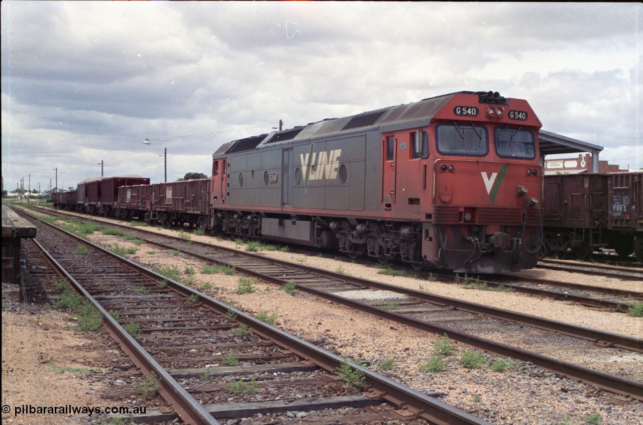 132-01
Ouyen broad gauge V/Line G class G 540 Clyde Engineering EMD model JT26C-2SS serial 89-1273, stabled up gypsum train 9138.
Keywords: G-class;G540;Clyde-Engineering-Somerton-Victoria;EMD;JT26C-2SS;89-1273;